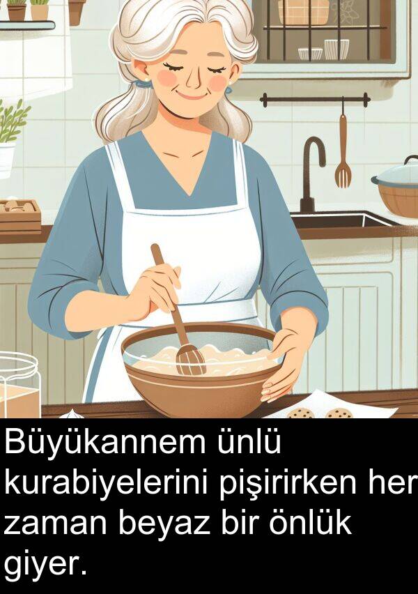 kurabiyelerini: Büyükannem ünlü kurabiyelerini pişirirken her zaman beyaz bir önlük giyer.