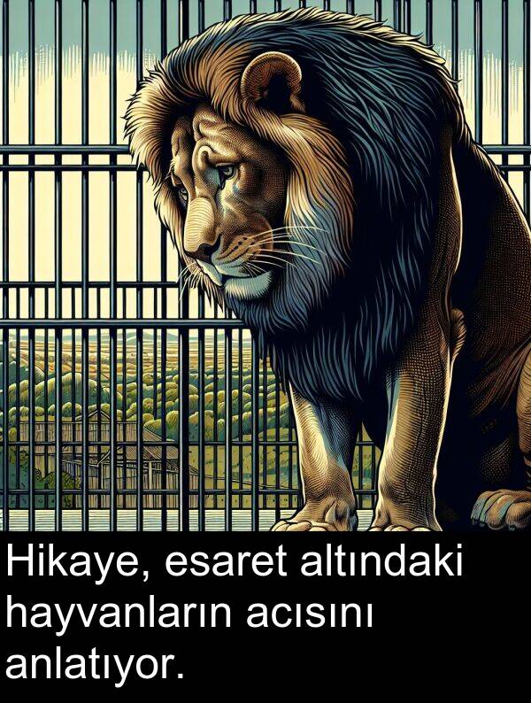 acısını: Hikaye, esaret altındaki hayvanların acısını anlatıyor.