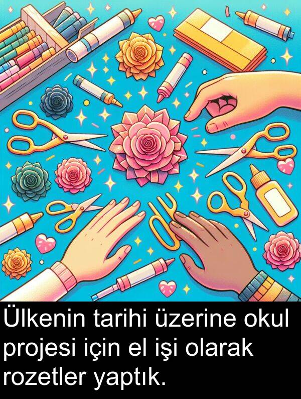 rozetler: Ülkenin tarihi üzerine okul projesi için el işi olarak rozetler yaptık.