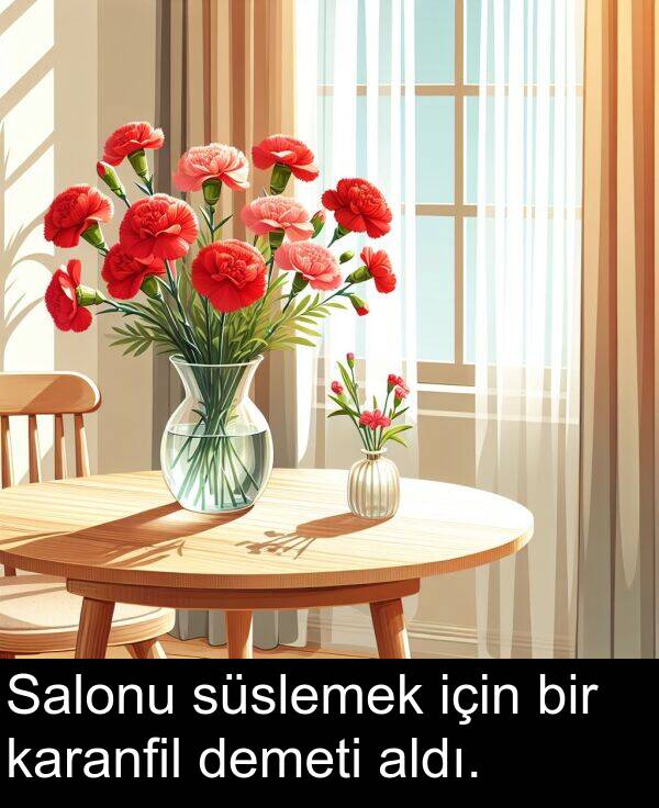süslemek: Salonu süslemek için bir karanfil demeti aldı.