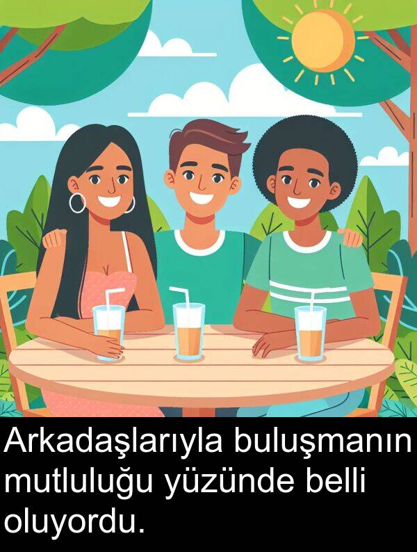 belli: Arkadaşlarıyla buluşmanın mutluluğu yüzünde belli oluyordu.