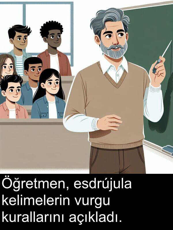 açıkladı: Öğretmen, esdrújula kelimelerin vurgu kurallarını açıkladı.