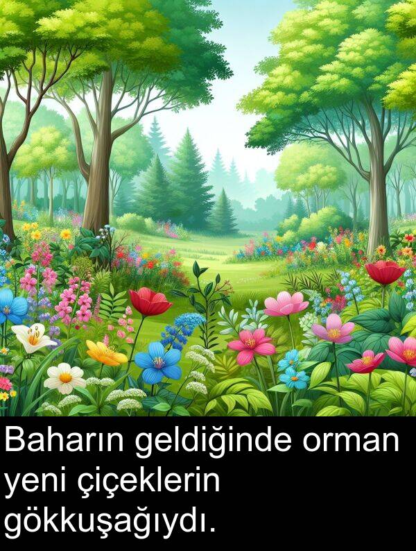 geldiğinde: Baharın geldiğinde orman yeni çiçeklerin gökkuşağıydı.