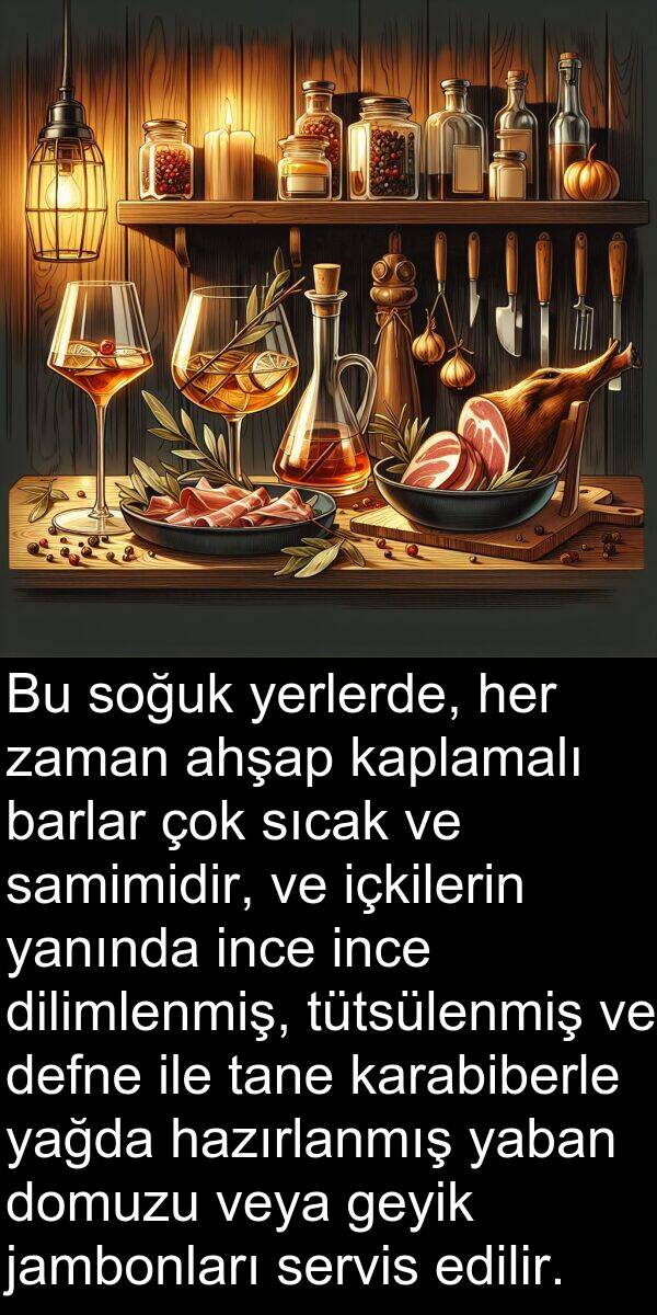 yanında: Bu soğuk yerlerde, her zaman ahşap kaplamalı barlar çok sıcak ve samimidir, ve içkilerin yanında ince ince dilimlenmiş, tütsülenmiş ve defne ile tane karabiberle yağda hazırlanmış yaban domuzu veya geyik jambonları servis edilir.