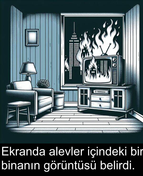 görüntüsü: Ekranda alevler içindeki bir binanın görüntüsü belirdi.