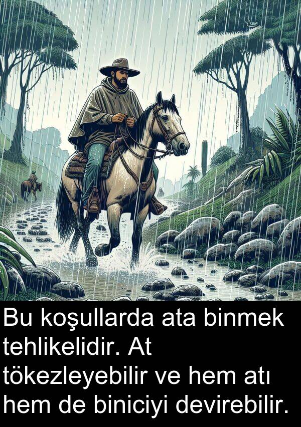 hem: Bu koşullarda ata binmek tehlikelidir. At tökezleyebilir ve hem atı hem de biniciyi devirebilir.