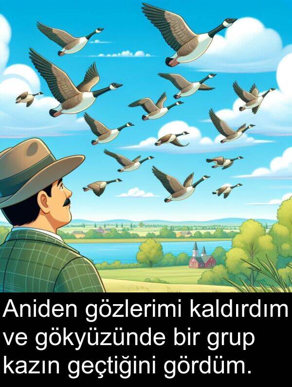 geçtiğini: Aniden gözlerimi kaldırdım ve gökyüzünde bir grup kazın geçtiğini gördüm.