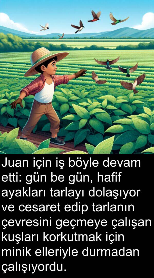geçmeye: Juan için iş böyle devam etti: gün be gün, hafif ayakları tarlayı dolaşıyor ve cesaret edip tarlanın çevresini geçmeye çalışan kuşları korkutmak için minik elleriyle durmadan çalışıyordu.