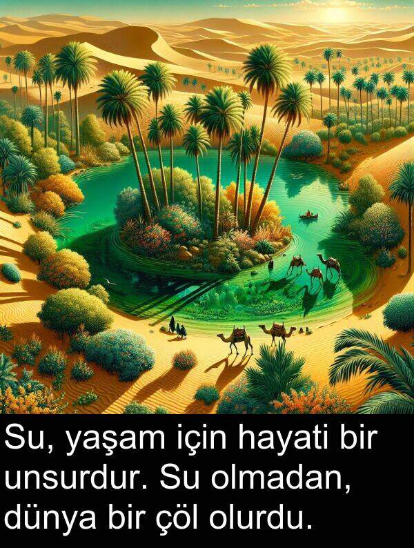 unsurdur: Su, yaşam için hayati bir unsurdur. Su olmadan, dünya bir çöl olurdu.