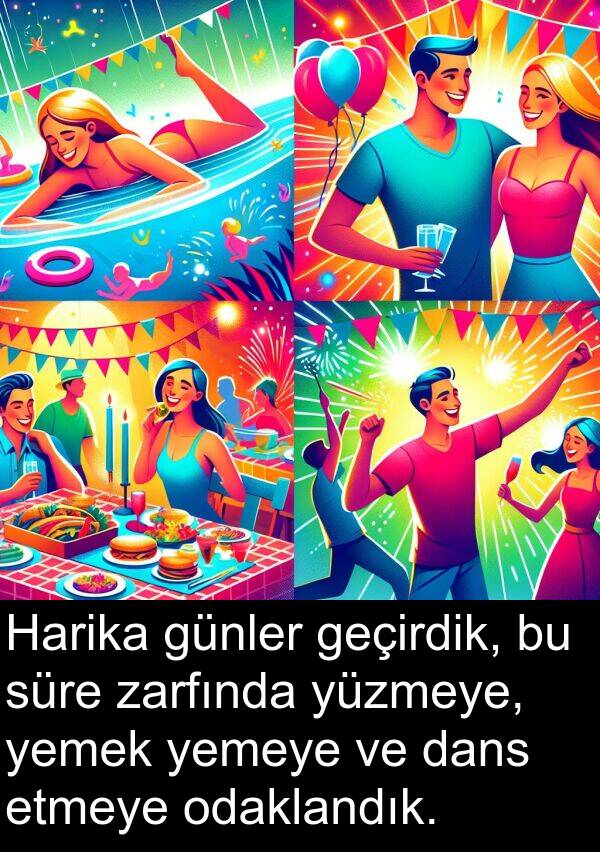 zarfında: Harika günler geçirdik, bu süre zarfında yüzmeye, yemek yemeye ve dans etmeye odaklandık.
