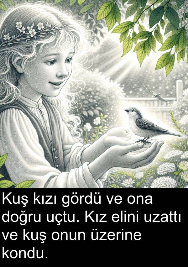 uzattı: Kuş kızı gördü ve ona doğru uçtu. Kız elini uzattı ve kuş onun üzerine kondu.