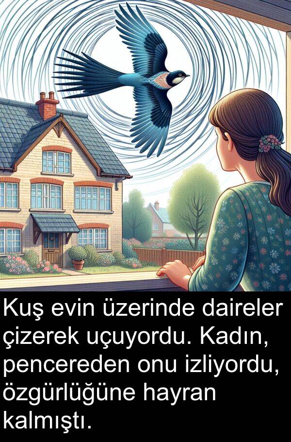 kalmıştı: Kuş evin üzerinde daireler çizerek uçuyordu. Kadın, pencereden onu izliyordu, özgürlüğüne hayran kalmıştı.