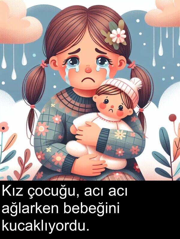 acı: Kız çocuğu, acı acı ağlarken bebeğini kucaklıyordu.