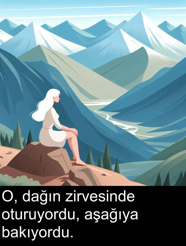 zirvesinde: O, dağın zirvesinde oturuyordu, aşağıya bakıyordu.