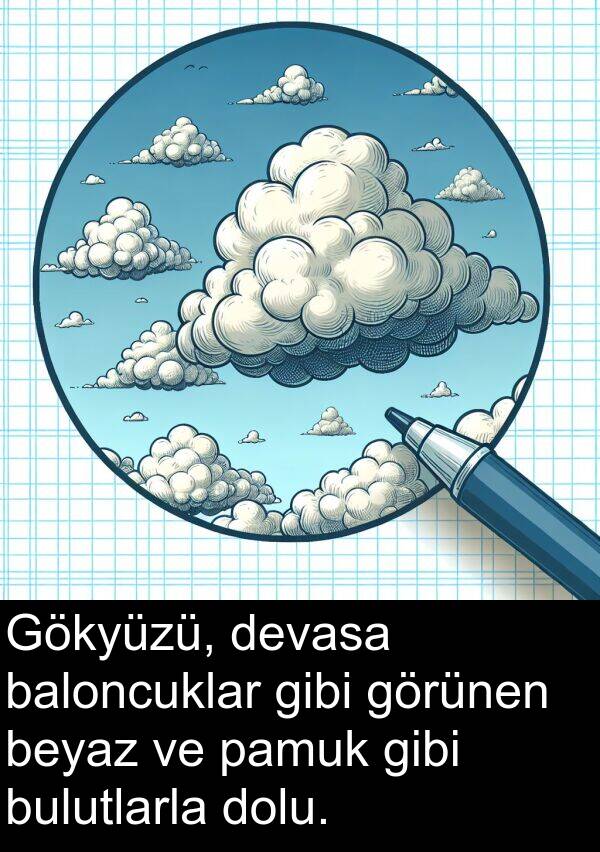 pamuk: Gökyüzü, devasa baloncuklar gibi görünen beyaz ve pamuk gibi bulutlarla dolu.