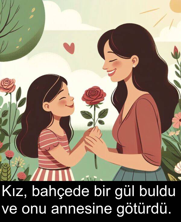 bahçede: Kız, bahçede bir gül buldu ve onu annesine götürdü.