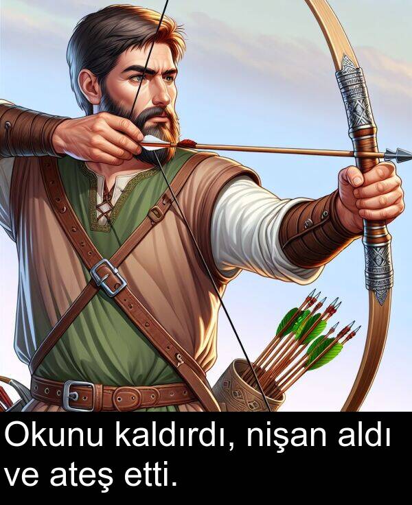 nişan: Okunu kaldırdı, nişan aldı ve ateş etti.