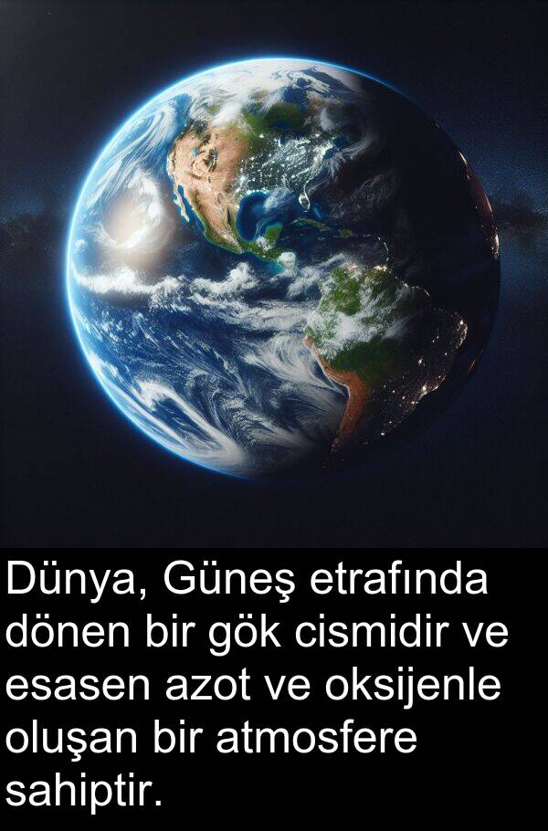 sahiptir: Dünya, Güneş etrafında dönen bir gök cismidir ve esasen azot ve oksijenle oluşan bir atmosfere sahiptir.