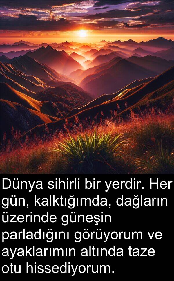 kalktığımda: Dünya sihirli bir yerdir. Her gün, kalktığımda, dağların üzerinde güneşin parladığını görüyorum ve ayaklarımın altında taze otu hissediyorum.