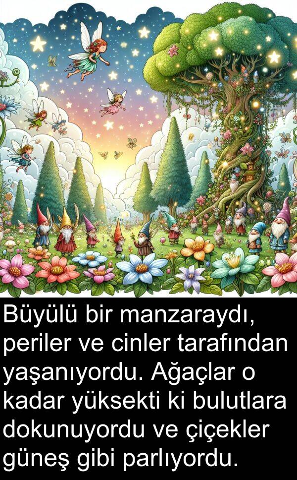 parlıyordu: Büyülü bir manzaraydı, periler ve cinler tarafından yaşanıyordu. Ağaçlar o kadar yüksekti ki bulutlara dokunuyordu ve çiçekler güneş gibi parlıyordu.