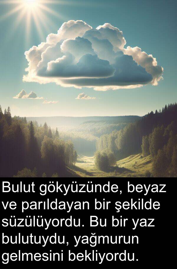 gelmesini: Bulut gökyüzünde, beyaz ve parıldayan bir şekilde süzülüyordu. Bu bir yaz bulutuydu, yağmurun gelmesini bekliyordu.
