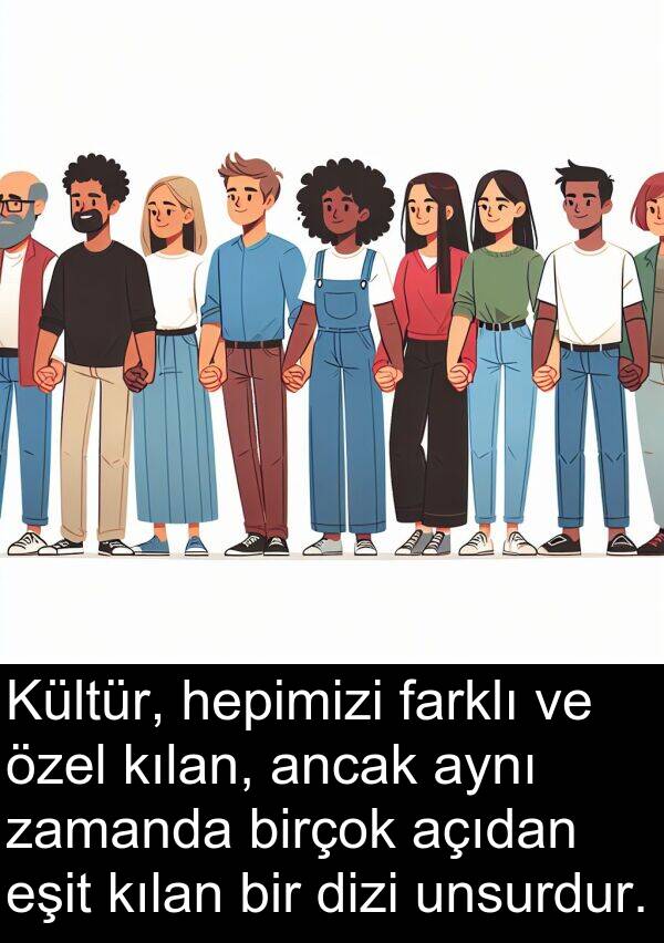 açıdan: Kültür, hepimizi farklı ve özel kılan, ancak aynı zamanda birçok açıdan eşit kılan bir dizi unsurdur.