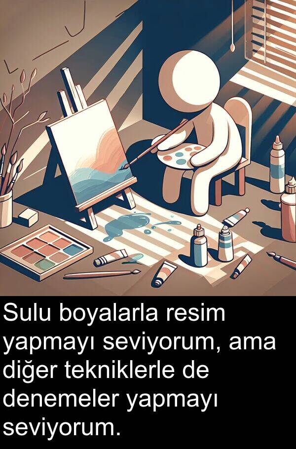 yapmayı: Sulu boyalarla resim yapmayı seviyorum, ama diğer tekniklerle de denemeler yapmayı seviyorum.
