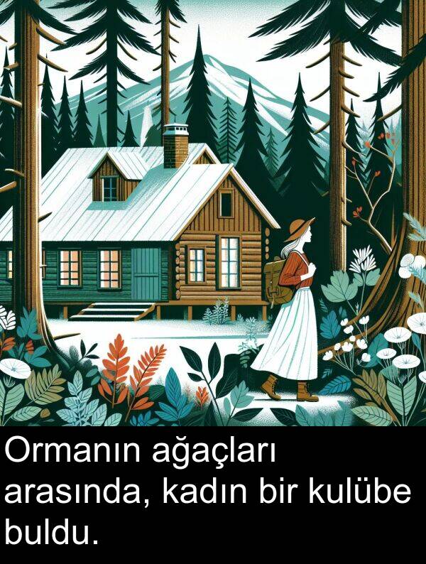 ağaçları: Ormanın ağaçları arasında, kadın bir kulübe buldu.