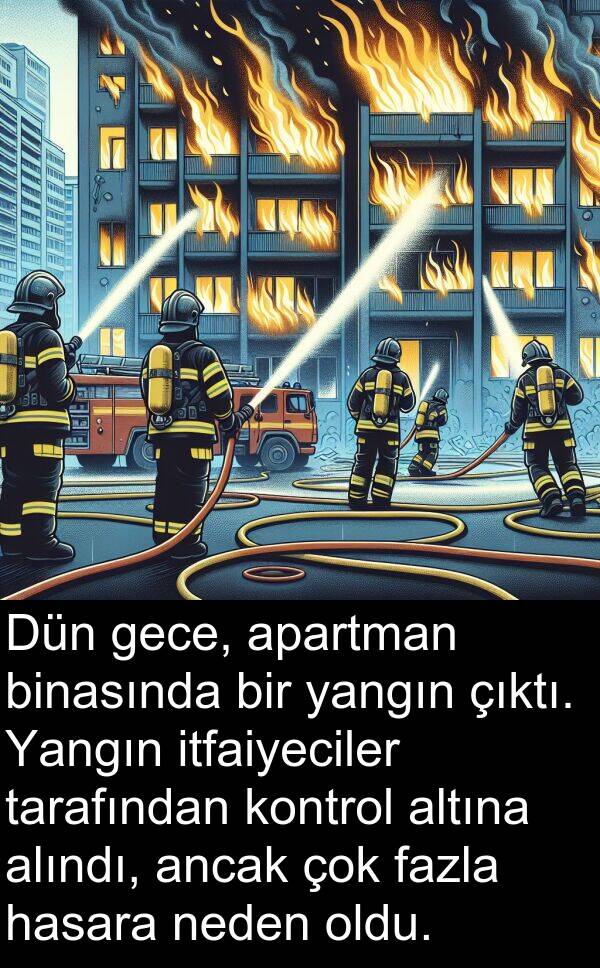 yangın: Dün gece, apartman binasında bir yangın çıktı. Yangın itfaiyeciler tarafından kontrol altına alındı, ancak çok fazla hasara neden oldu.