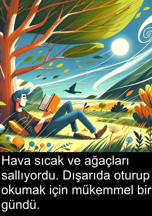 sallıyordu: Hava sıcak ve ağaçları sallıyordu. Dışarıda oturup okumak için mükemmel bir gündü.