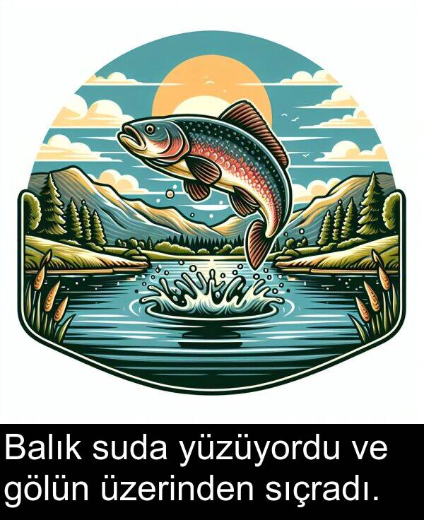 gölün: Balık suda yüzüyordu ve gölün üzerinden sıçradı.