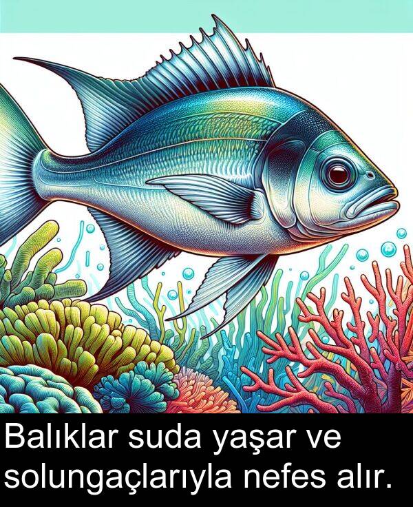 nefes: Balıklar suda yaşar ve solungaçlarıyla nefes alır.