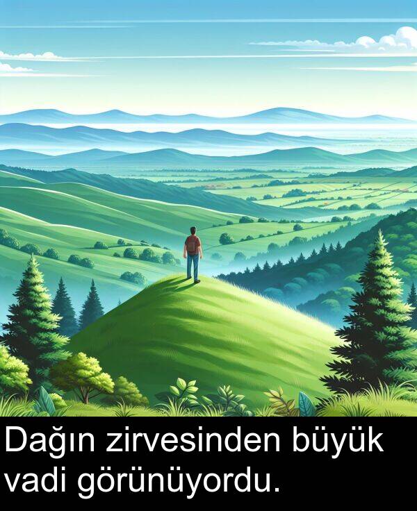 vadi: Dağın zirvesinden büyük vadi görünüyordu.