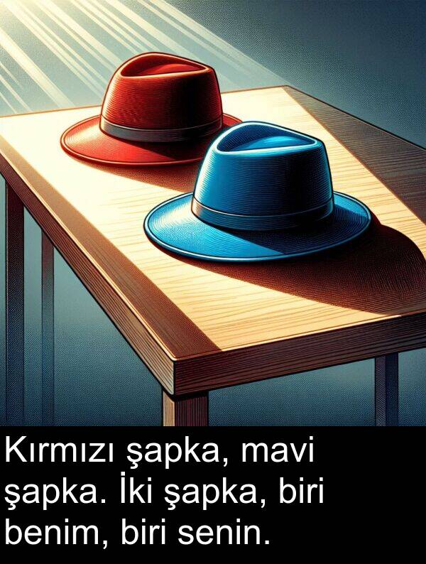 senin: Kırmızı şapka, mavi şapka. İki şapka, biri benim, biri senin.