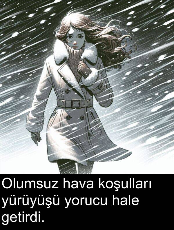 getirdi: Olumsuz hava koşulları yürüyüşü yorucu hale getirdi.