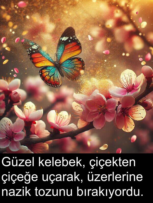 nazik: Güzel kelebek, çiçekten çiçeğe uçarak, üzerlerine nazik tozunu bırakıyordu.