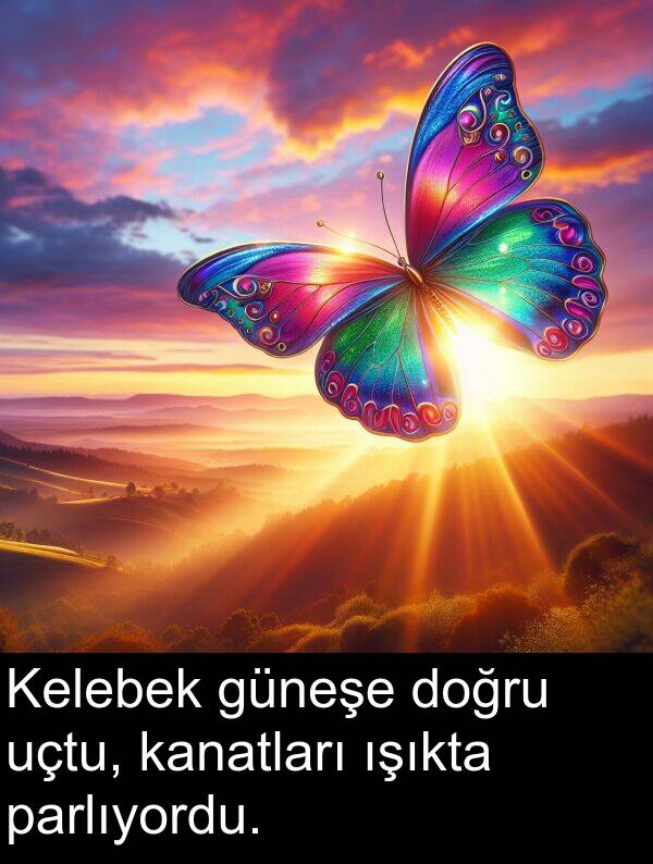 uçtu: Kelebek güneşe doğru uçtu, kanatları ışıkta parlıyordu.