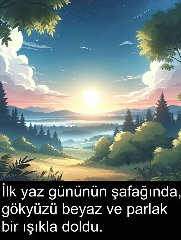 parlak: İlk yaz gününün şafağında, gökyüzü beyaz ve parlak bir ışıkla doldu.