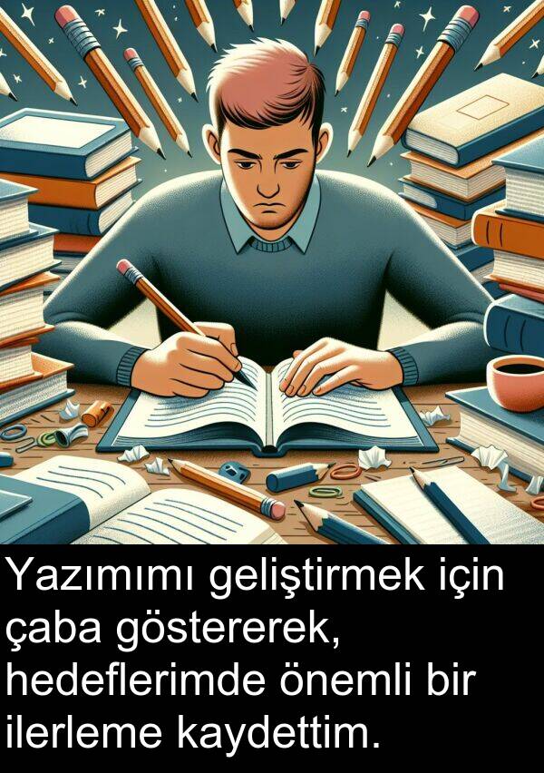 geliştirmek: Yazımımı geliştirmek için çaba göstererek, hedeflerimde önemli bir ilerleme kaydettim.