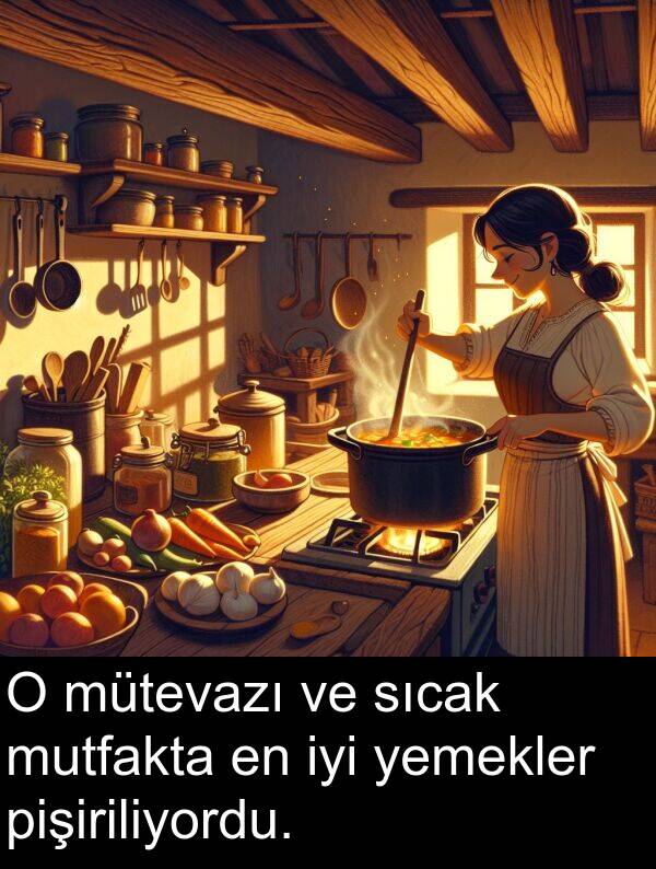 pişiriliyordu: O mütevazı ve sıcak mutfakta en iyi yemekler pişiriliyordu.