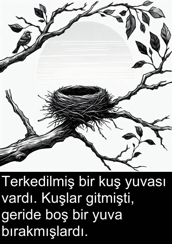 geride: Terkedilmiş bir kuş yuvası vardı. Kuşlar gitmişti, geride boş bir yuva bırakmışlardı.