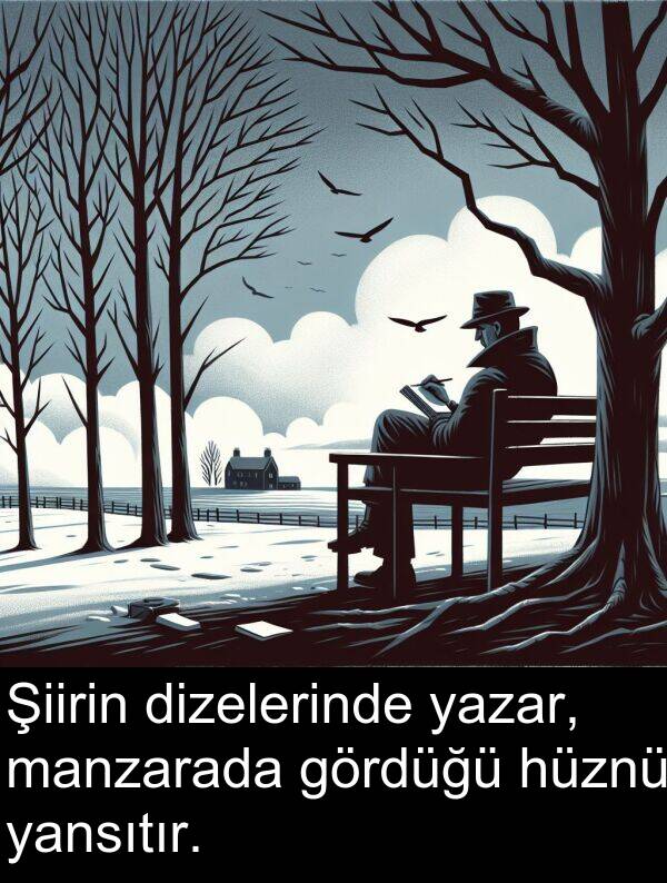 gördüğü: Şiirin dizelerinde yazar, manzarada gördüğü hüznü yansıtır.