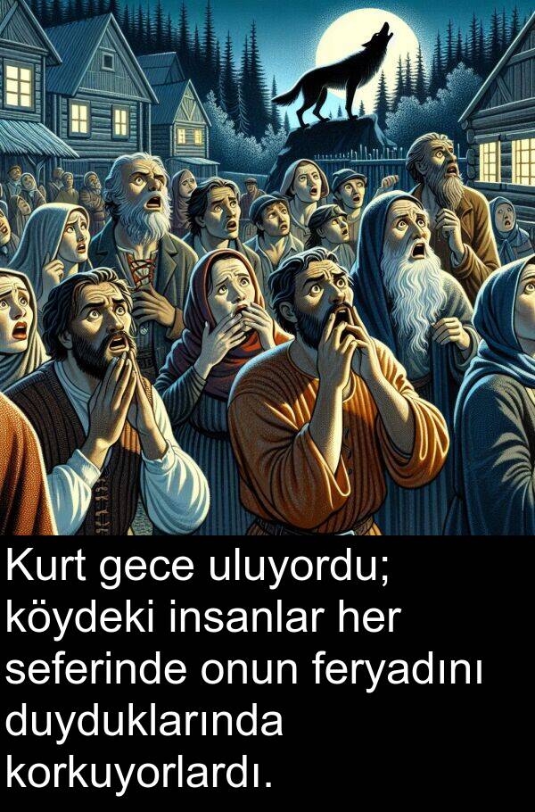 insanlar: Kurt gece uluyordu; köydeki insanlar her seferinde onun feryadını duyduklarında korkuyorlardı.