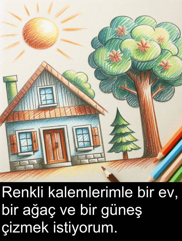 ağaç: Renkli kalemlerimle bir ev, bir ağaç ve bir güneş çizmek istiyorum.