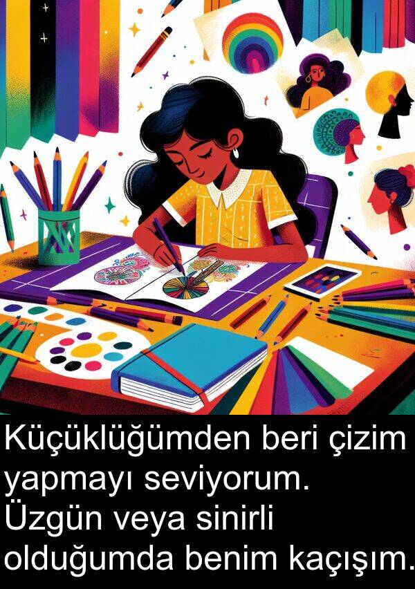 kaçışım: Küçüklüğümden beri çizim yapmayı seviyorum. Üzgün veya sinirli olduğumda benim kaçışım.
