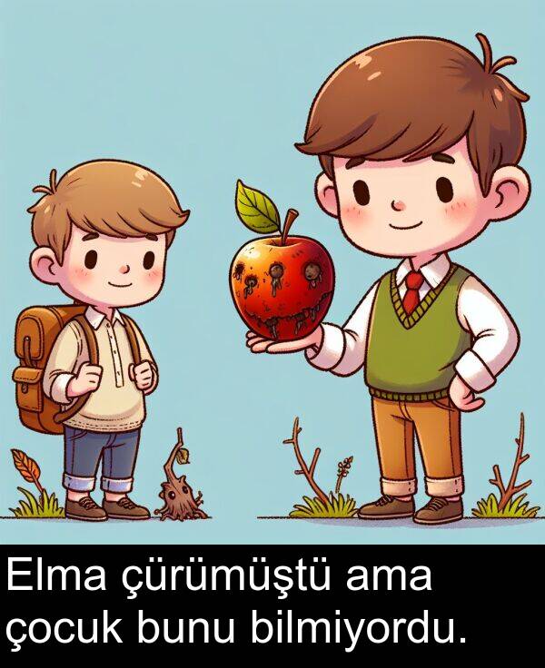 ama: Elma çürümüştü ama çocuk bunu bilmiyordu.