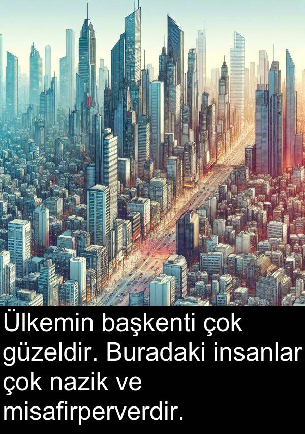nazik: Ülkemin başkenti çok güzeldir. Buradaki insanlar çok nazik ve misafirperverdir.