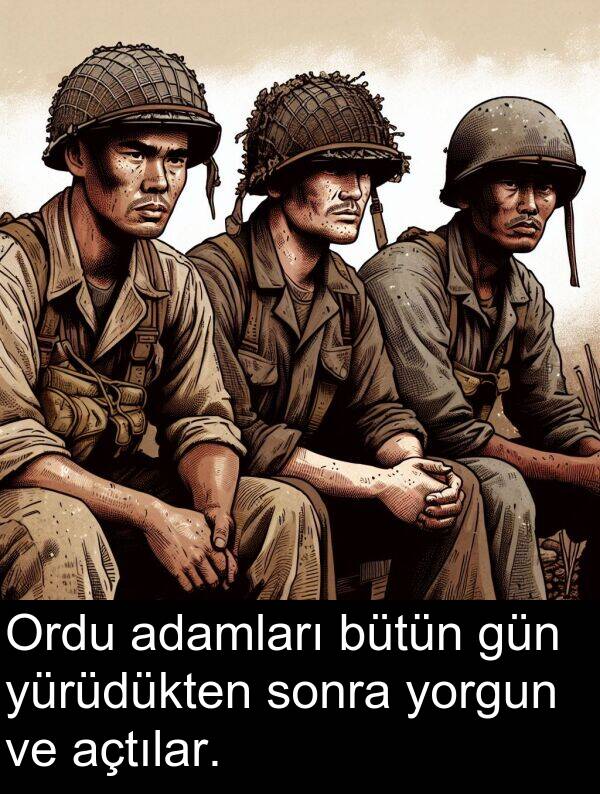 adamları: Ordu adamları bütün gün yürüdükten sonra yorgun ve açtılar.