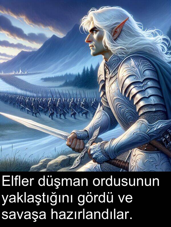 yaklaştığını: Elfler düşman ordusunun yaklaştığını gördü ve savaşa hazırlandılar.