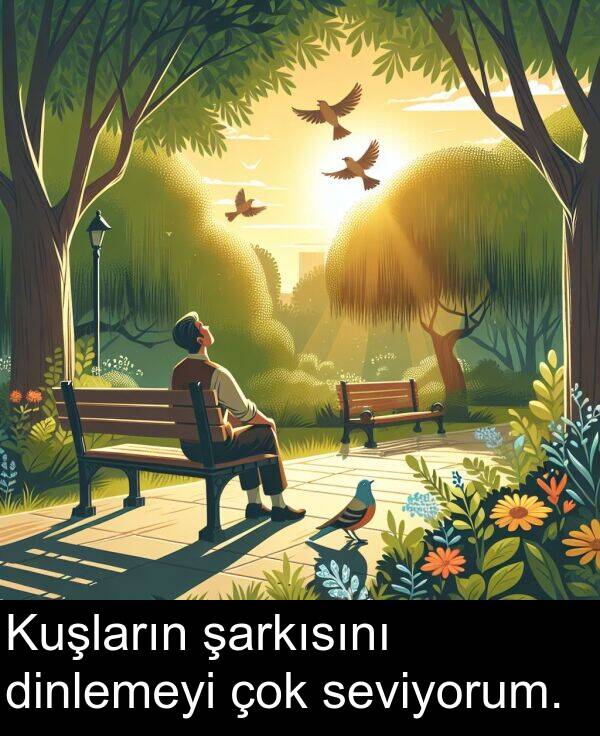 seviyorum: Kuşların şarkısını dinlemeyi çok seviyorum.
